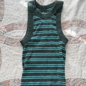 Aerie Teal and White Striped Ribbed Top
